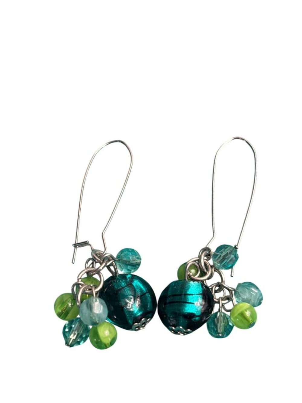 Blue Green Glass Bead Cluster Dangle Earrings 1 inch